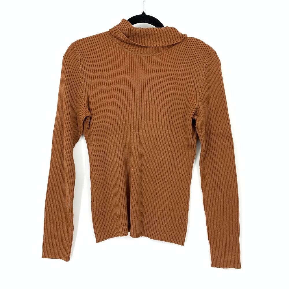 Chicos Pullover Turtleneck Sweater Womens 1 US Medium Brown Ribbed Knit Fitted